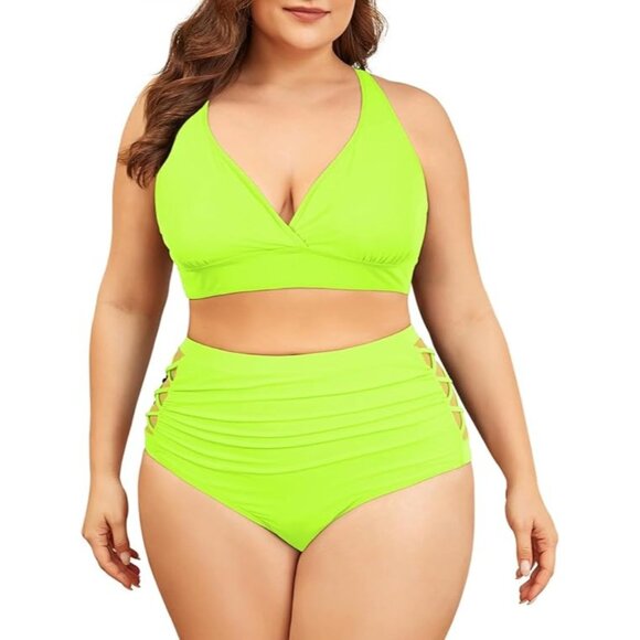 Neon Yellow V-Neck Halter Top High Waisted Mesh Sides Bottom Bikini Set Size 2XL - Picture 1 of 10